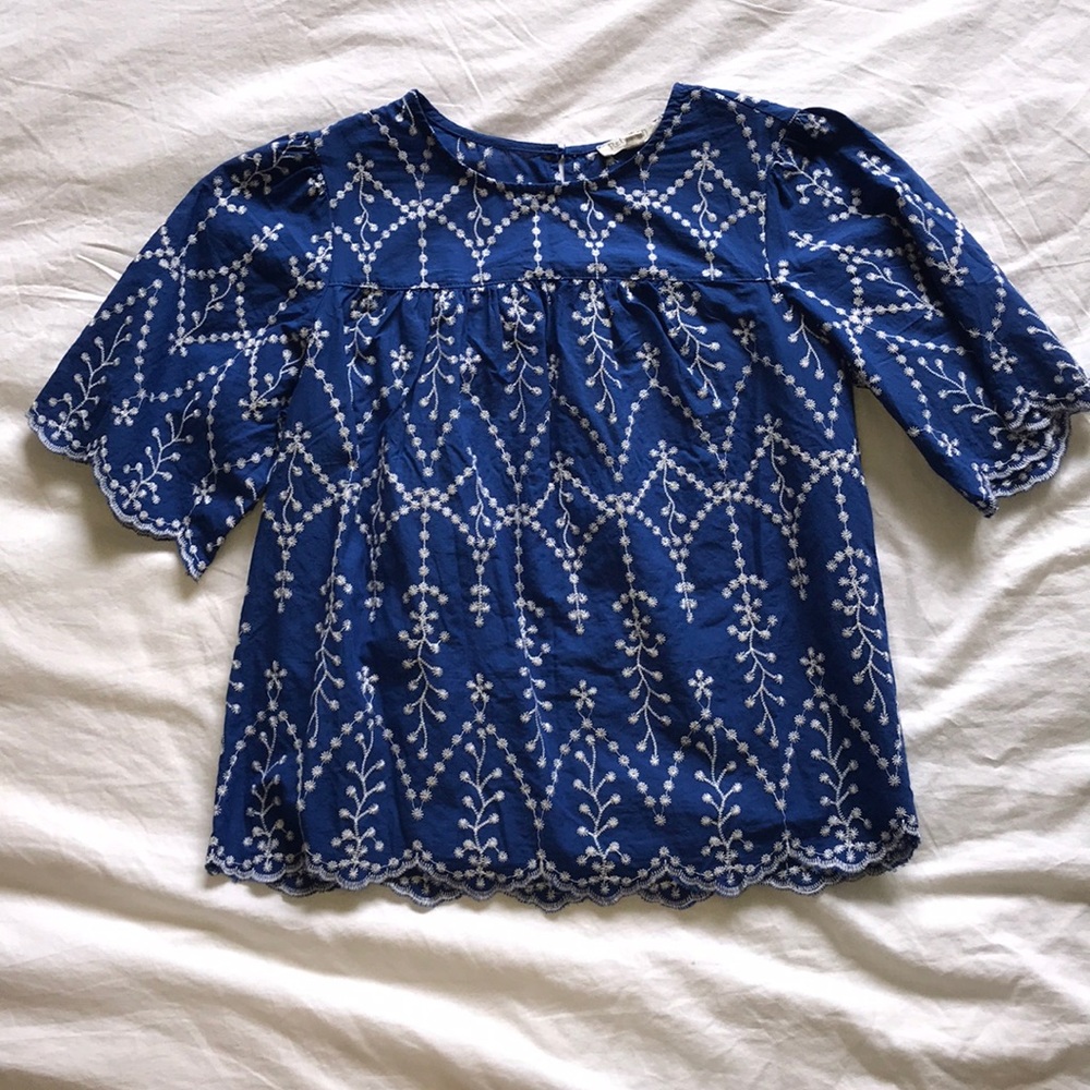 Blue and White Scalloped Blouse